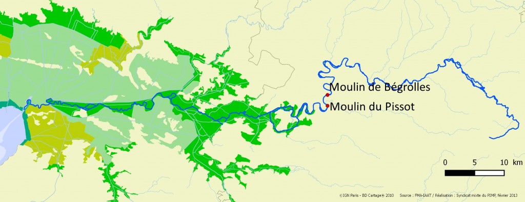 Situation des pêcheries d'anguilles d'avalaison sur la rivière index Sèvre niortaise (source PNR Marais poitevin)