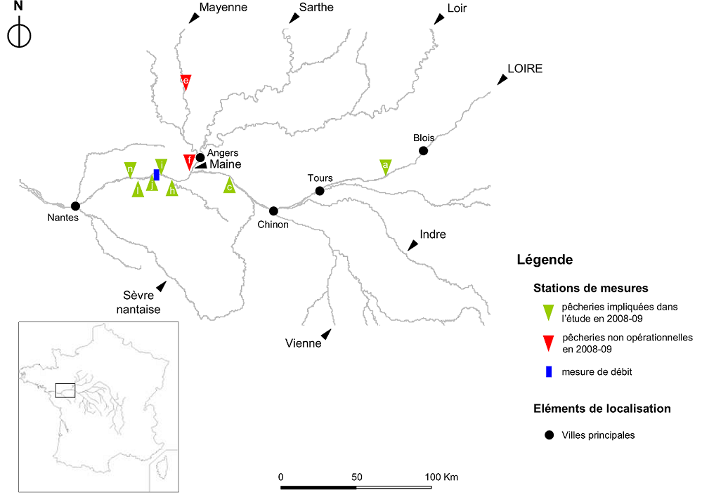 Emplacement des pêcheries au guideau de Loire